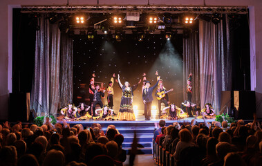 A collective of musicians, singers and dancers in gypsy costumes perform on stage.