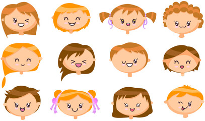 Set of cartoon children head. Cute boy and girl with happy emotions and smile on face, kawaii concept with cheerful child, friendly funny kid isolated on white, cartoon emoticon doodle icon drawing