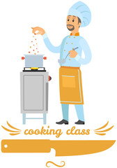 Kitchen emblem, food studio label. Chef conducts culinary class about cooking. Hand drawn lettering for premium cooking masterclass. Man preparing dish, working with kitchen equipment, cooking time
