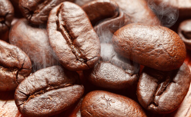hot coffee beans with smoke