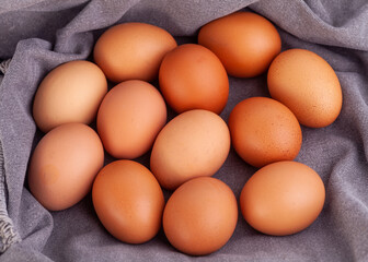 chicken eggs put on fabric gray