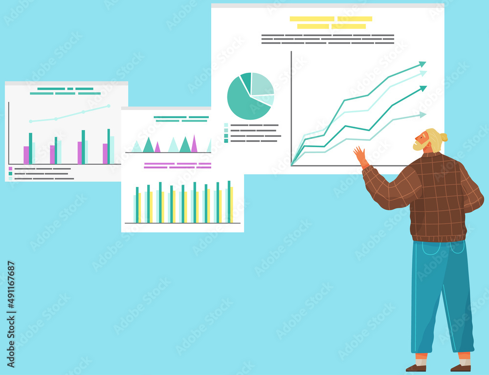 Poster businessman standing near board with graphs and charts pointing on chatboard with data analysis. pre