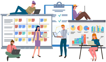 Financial analysts at work cartoon concept with business team work together at office with data and indicators, make sales plan, develop strategy. analyzing infographics, make up plan and schedule
