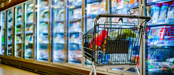A shopping cart with grocery products in a supermarket © monticellllo