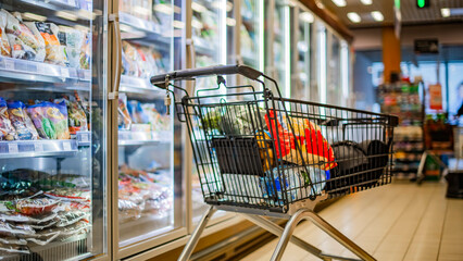 A shopping cart with grocery products in a supermarket