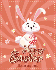 Obraz na płótnie Canvas Happy Easter poster retro. Greeting card with rabbit, bunny, egg. Vector illustration vintage