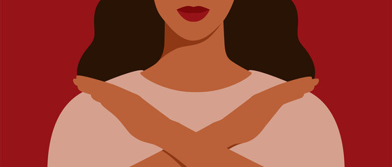Brave woman crossed hands and protects her rights. Support and solidarity concept for gender equality and of the female empowerment movement. Vector illustration - obrazy, fototapety, plakaty