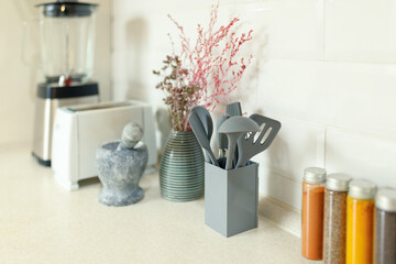 Home kitchen worktop with spices, toaster, ornamental plant vase, mortar, blender and cooking utensils