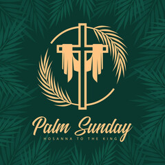 Palm sunday - gold cross crucifix sign with two plam leaves circle around on dark green palm leaves texture frame and background vector design