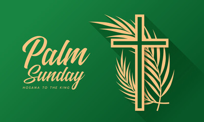 Palm sunday - hosana to the king gold cross crucifix sign with plam leaves around on green background vector design - 491168489