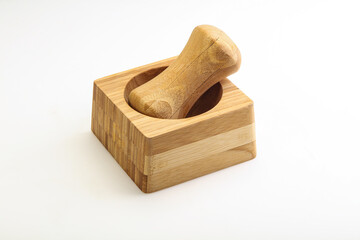 Wooden mortar for kitchen isolated