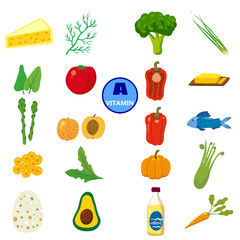 Set of Vitamin A origin natural sources. Healthy diary food, fruits, greens, vegetables, fish. Organic diet products, natural nutrition collection. Vector flat cartoon