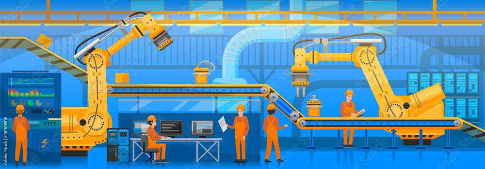 Aufkleber robotic arm raises goods and stacks them on conveyor. automated robotic production line for packagin