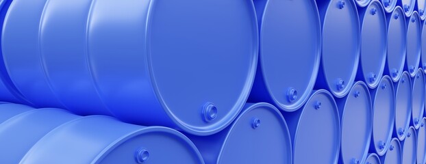 Fototapeta premium Blue color metal barrel stack background, close up. Oil and gas industry. 3d render