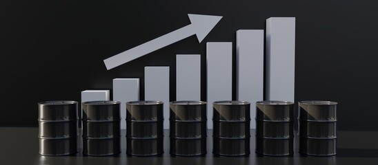 Oil price rise up. Black color petrol barrel and chart on black background. 3d render