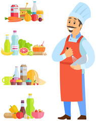 Male pastry chef holding bowl and whisk. Smiling man in apron preparing dessert near food, products icons. Confectioner whips ingredients for dish. Chef works with kitchen equipment to prepare food