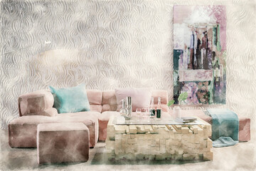 Aquarell: Sitzgruppe mit Tischdeko und einem zeitgen&ouml;ssischen &Ouml;lgem&auml;lde