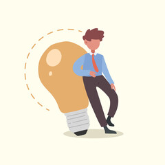 Business concept flat smart businessman leaning on big light bulb. Business people have ideas leaning against lamp symbol is good idea. Innovation and inspiration concept. Design vector illustration