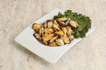 Tasty marinated mussels in the bowl