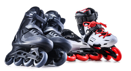 Two pairs of inline skates isolated on white background