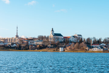 Telsiai town spring scenic view at Mascio lake, Lithuania.Nice landscape.