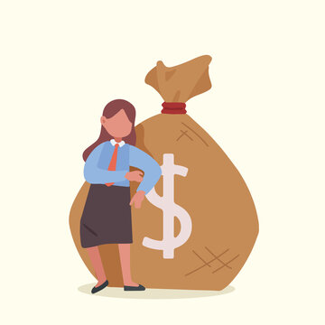 Business concept flat happy businesswoman standing near big heavy bag with dollar sign. Female manager leaning on money sack. Success, career path, and achievement. Graphic design vector illustration