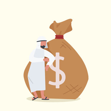 Business flat drawing happy Arabian businessman standing near big heavy bag with dollar sign. Male manager leaning on money sack. Success, career, and achievement concept. Cartoon vector illustration