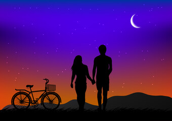 silhouette image A bicycle with Moon in the sky at night time design vector illustration