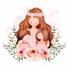 Watercolor Illustration Mother and Kids