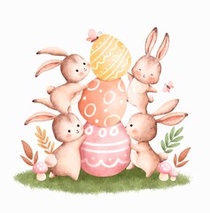 Watercolor Illustration Easter Rabbit and Easter Egg 