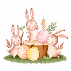 Watercolor Illustration Easter Rabbit and Easter Egg 