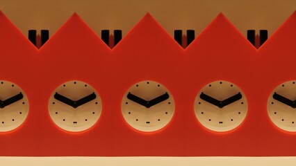 pattern and 3D illustration design based on many clock faces on a bright red background