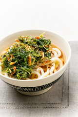 家庭料理　おかひじきと桜海老のかき揚げのせうどん　和食　日本
