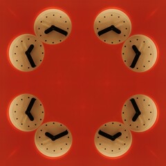 pattern and 3D illustration design based on many clock faces on a bright red background