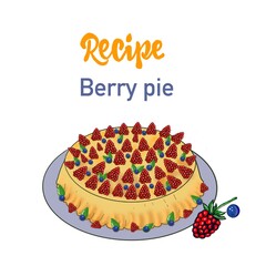 Berry pie with raspberries and blueberries on a squirrel background, hand drawing, isolate