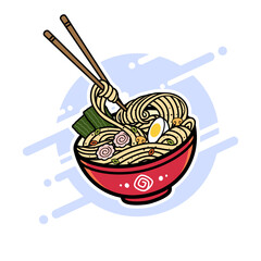 Ramen noodle bowl cartoon vector illustration with mushroom slices, egg and seaweed. traditional Japanese cuisine dish