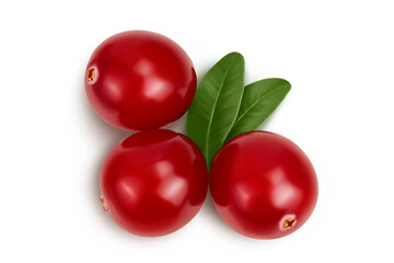 Cranberry with leaves isolated on white background with clipping path and full depth of field. Top view. Flat lay