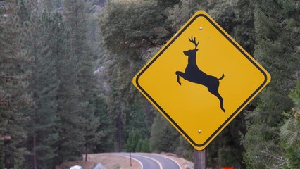 Deer crossing warning yellow sign, California USA. Wild animals xing traffic signage for safety...