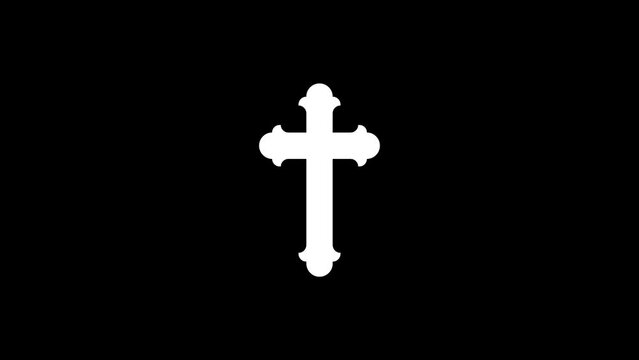White picture of church cross on a black background. part of the house. Distortion liquid style transition icon for your project. 4K video animation for motion graphics and compositing.
