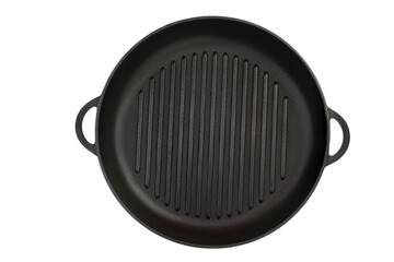 Empty cast iron grill frying pan isolated on white background with clipping path. Top view.