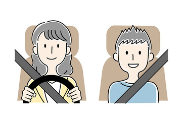 手描き風・運転する女性と助手席の少年のベクターイラスト