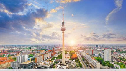 Berlin skyline big panorama with TV tower at the beautiful sunset