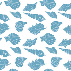 Blue flat outline sea shells, bubbles seamless pattern for fabric, textile, apparel, interior, stationery, wrapping paper, scrapbooking. Trendy marine endless texture. Exotic ocean shells contours.