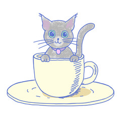 コーヒーカップに入ってご機嫌な、グレーのネコのイラストレーション