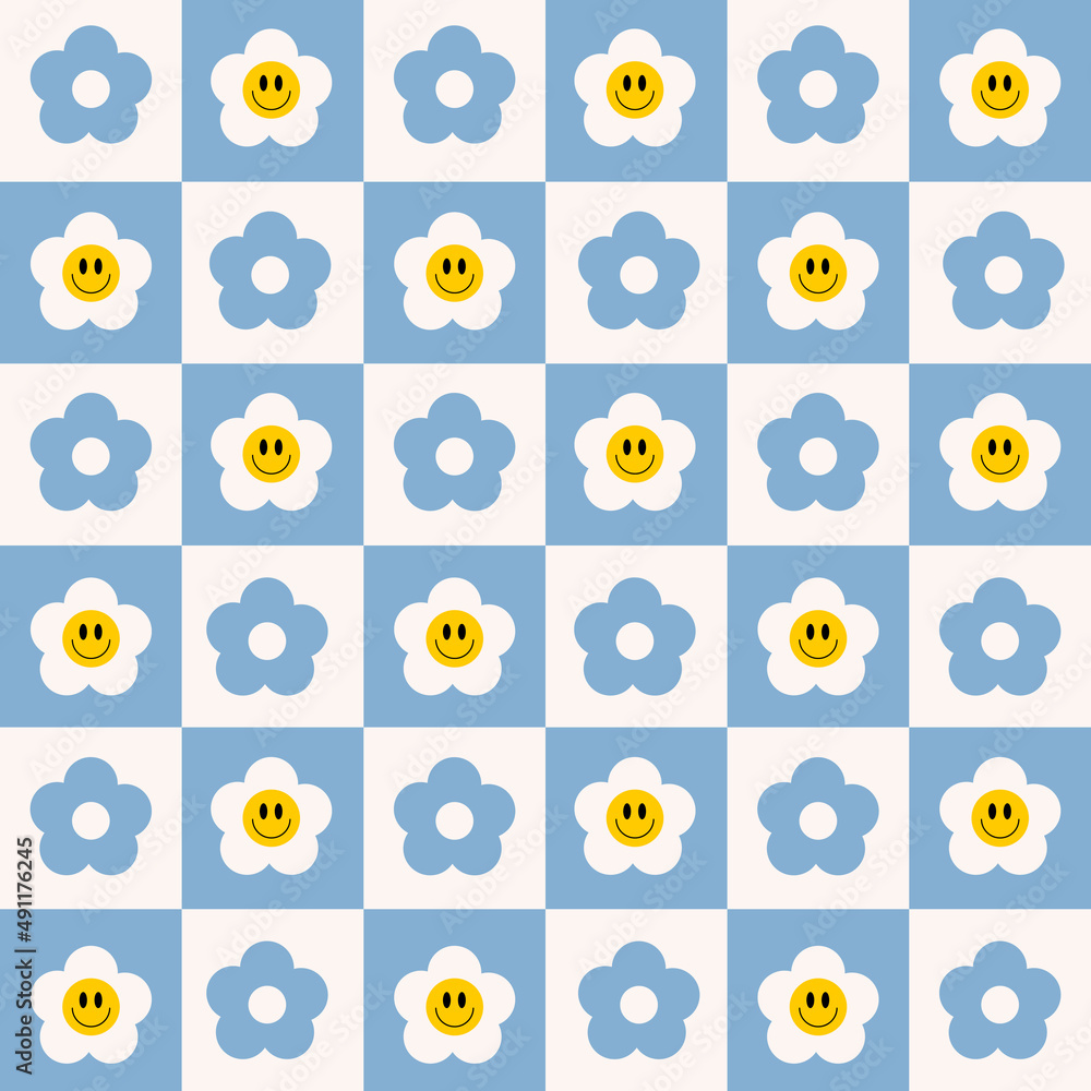 Poster retro checkerboard groovy seamless pattern with smiling flowers on a white blue background. cute col