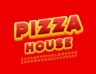 Fototapeta na wymiar Vector creative logo Pizza House. Bright rotated Font. Red and Yellow Alphabet Letters and Numbers set