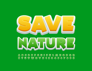 Vector ecologic Emblem Safe World. Modern Font. Artistic Alphabet Letters and Numbers