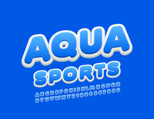 Vector blue banner Aqua Sports. Stylish Uppercase Font. Rotated Alphabet Letters and Numbers set