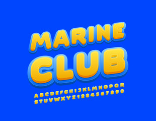 Vector recreational logo Marine Club. Yellow and Blue modern Font. Alphabet Letters and Numbers set