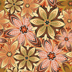 Flowers. Seamless pattern with decorative stylized flowering plants with mandala elements for packaging, holidays and decorations. Summer spring vector image. 